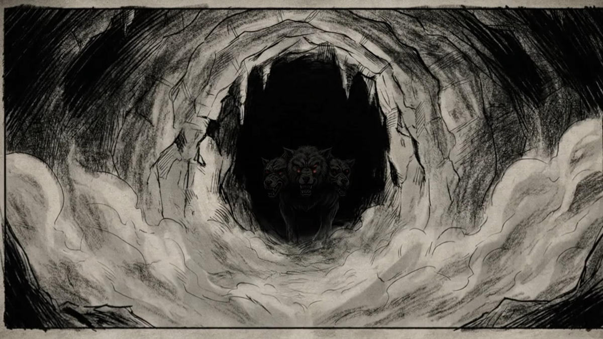 Cerberus, a three-headed hound, emerging from a cave